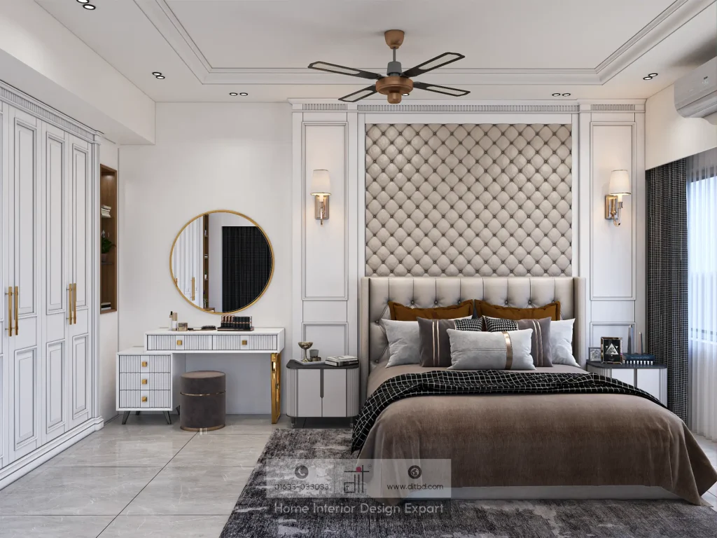 Front view of master bed with gold sconces and white panelling in Banshundhara R/A by DIT Studio