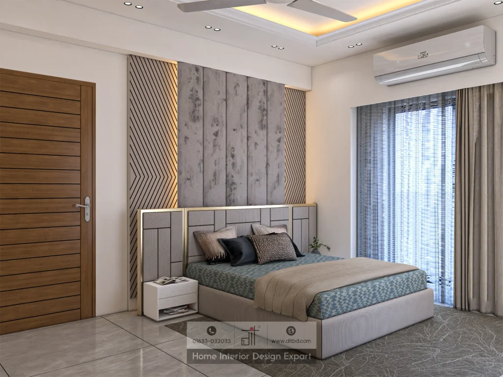 Textured headboard wall with concrete panels and diagonal wooden slats in Wari bedroom by DIT Studio