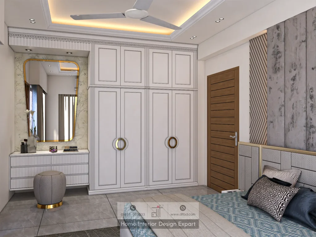 White wardrobe and vanity area with gold-framed mirror in Wari master bedroom by DIT Studio