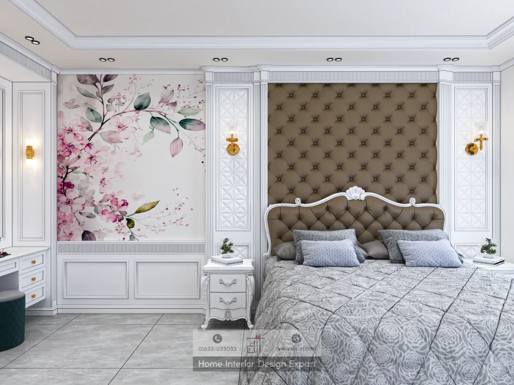 Floral mural wall with brown tufted headboard and white nightstand in Keraniganj master bedroom by DIT Studio
