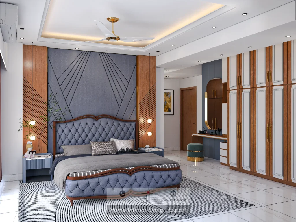 Modern master bedroom with tufted leather bed, slate blue geometric accent wall, walnut panelling, and gold ceiling fan in Mohammadpur by DIT Studio