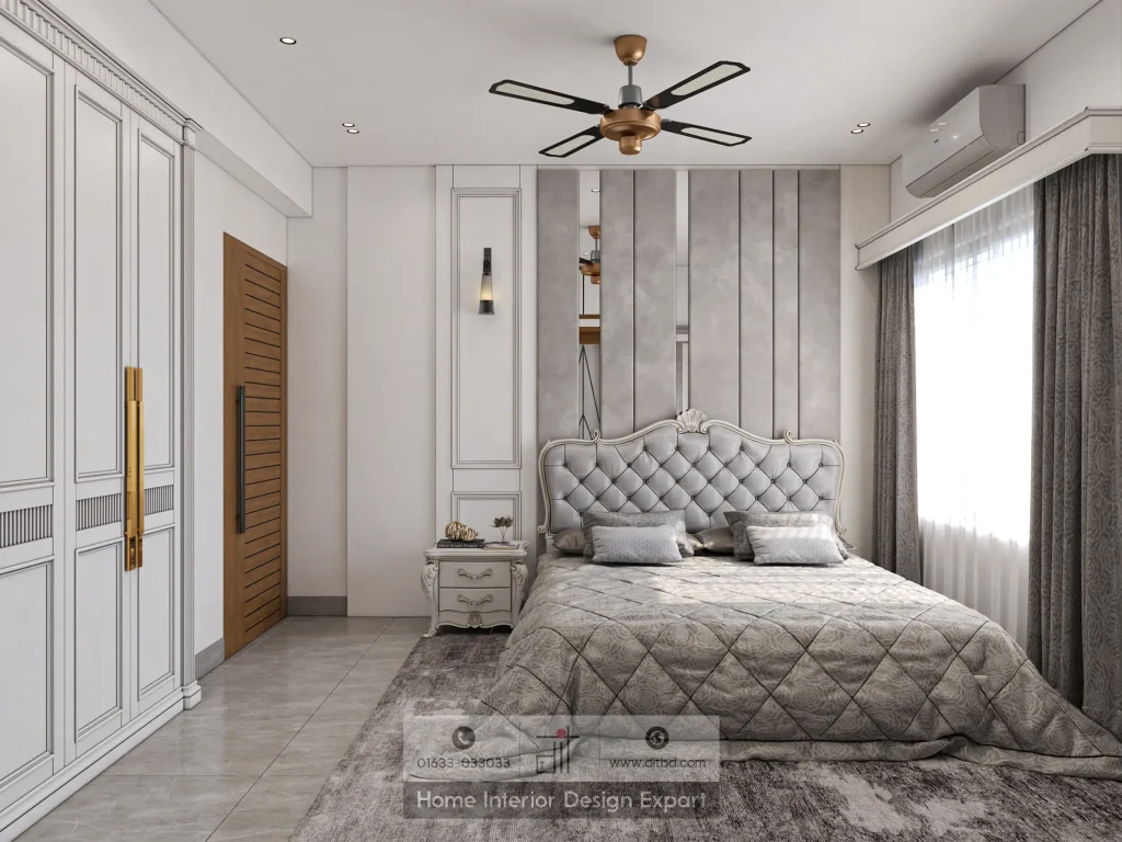 Grey tufted headboard with vertical fluted accent wall in Dhanmondi master bedroom by DIT Studio