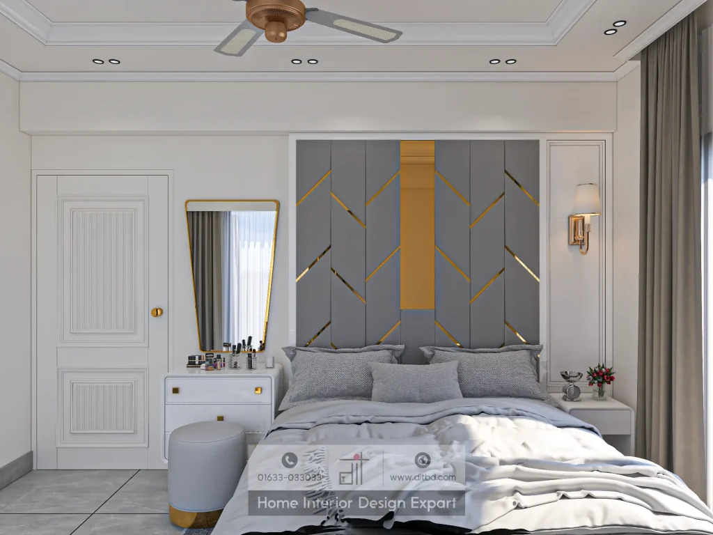 Modern master bedroom with grey-and-gold geometric headboard wall designed by DIT Studio in Uttara Sector 5 Dhaka