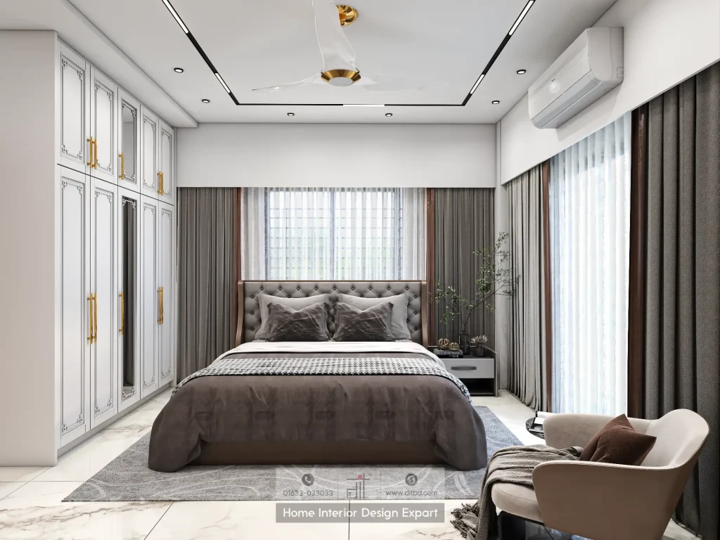 Master bedroom with tufted headboard and white paneled wardrobes in Uttara Sector 6 by DIT Studio