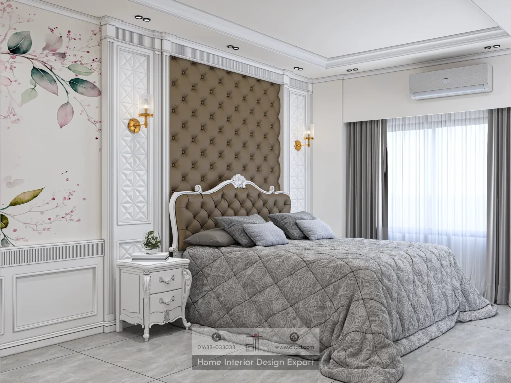 Full bed view with tufted headboard and natural window light in Keraniganj apartment by DIT Studio