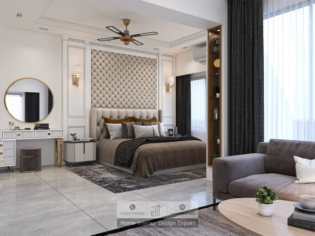 Diamond-tufted headboard with vanity and gold mirror in Banshundhara R/A master bedroom by DIT Studio