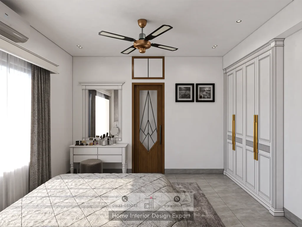 Dressing table and wardrobe wall with walnut door in Dhanmondi master bedroom by DIT Studio