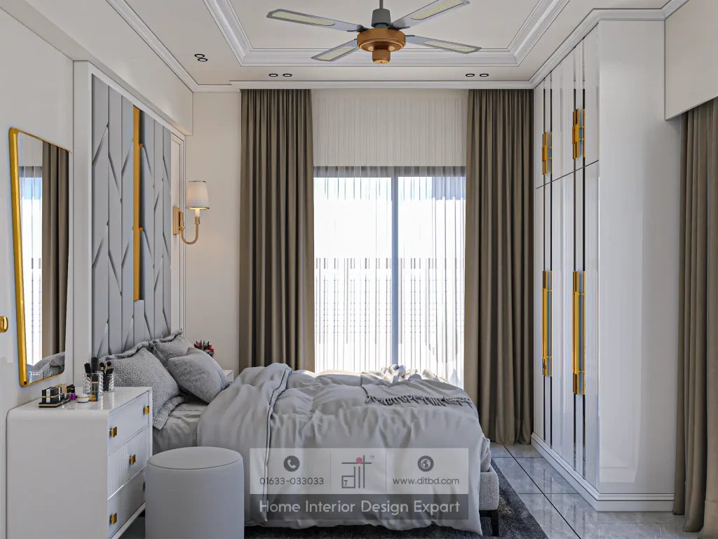 Bedroom view with white fluted wardrobe and taupe curtains by DIT Studio in Uttara Dhaka