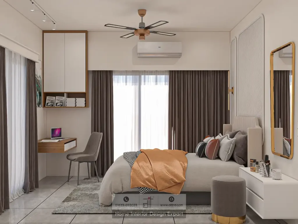 Walnut-and-white wardrobe with gold handles and dressing table in Mohammadpur master bedroom by DIT Studio