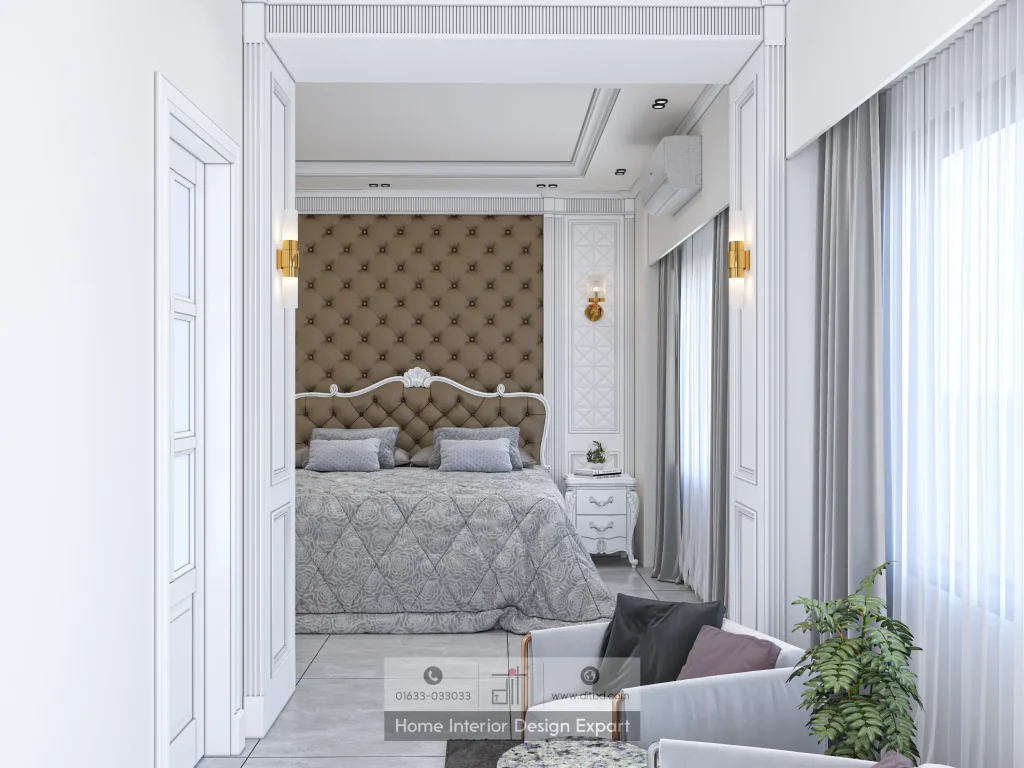 Master bedroom viewed through white panelled doorway with sitting area in Keraniganj by DIT Studio