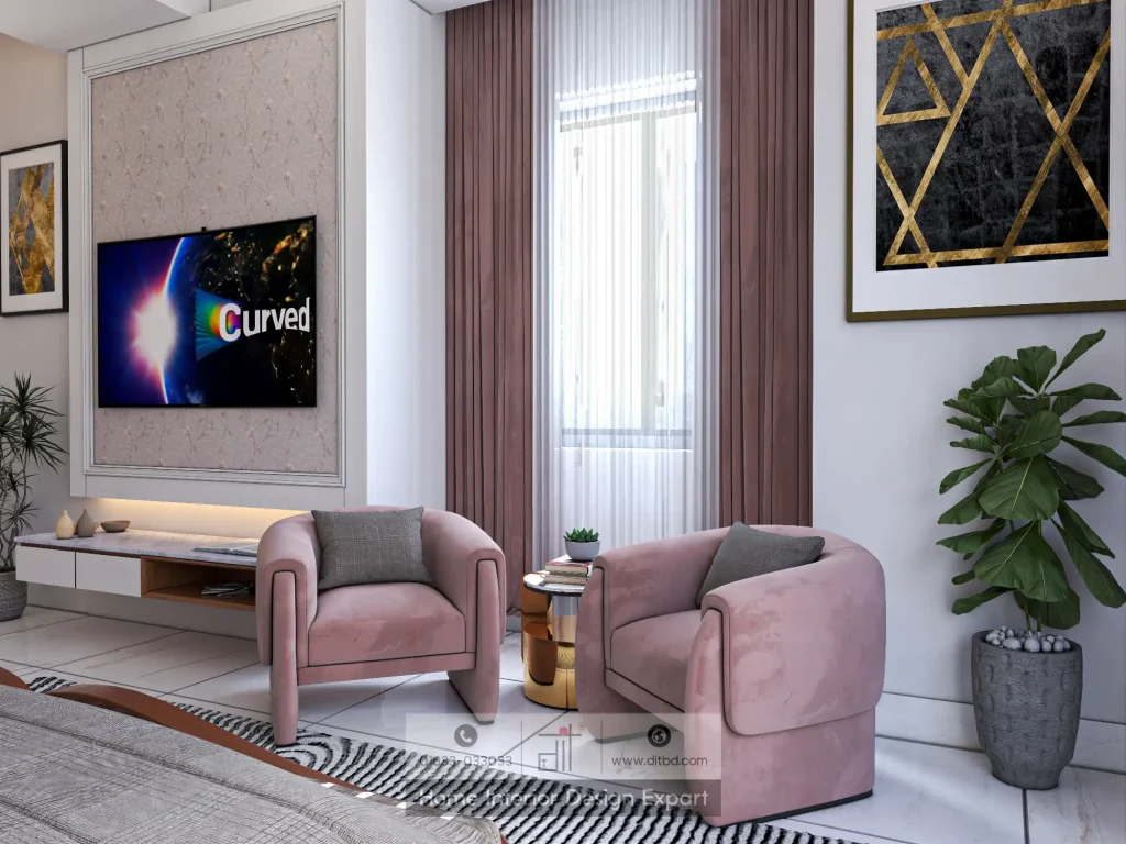 Close-up of dusty pink barrel armchairs with gold side table, mauve curtains, and indoor plant in Mohammadpur master bedroom