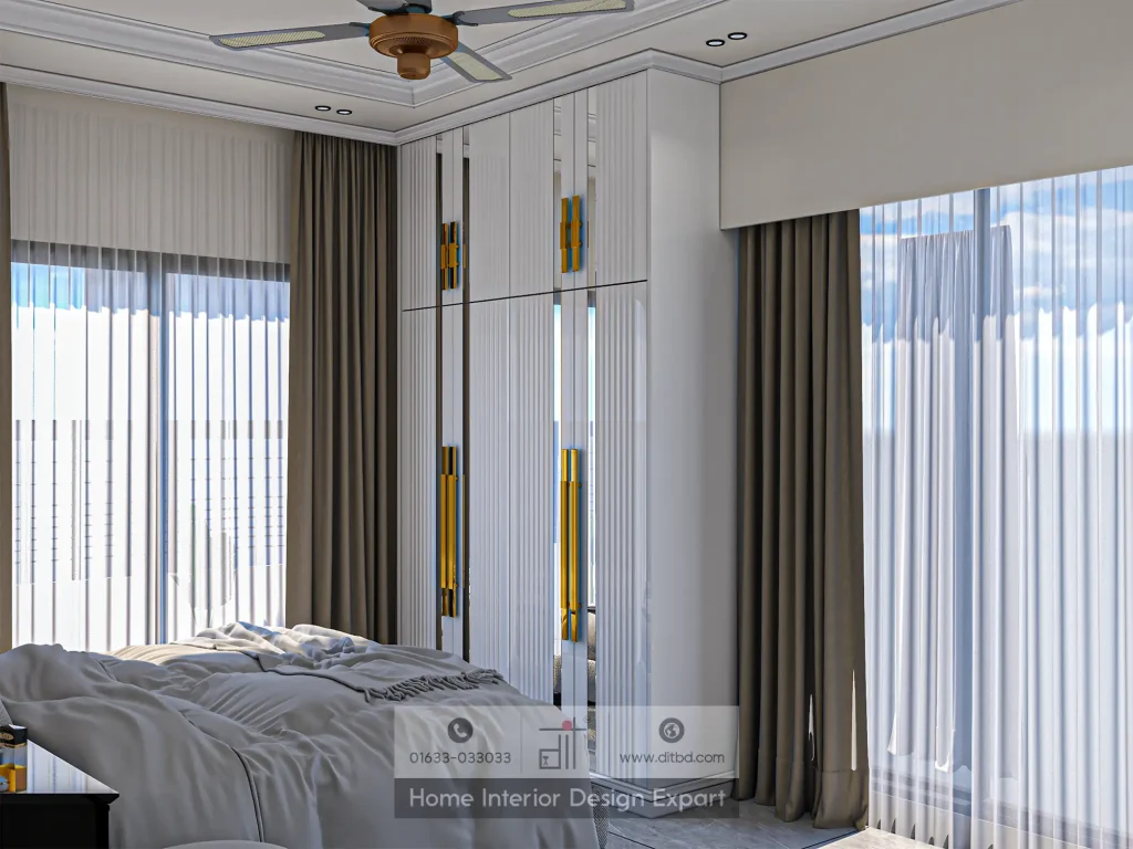 White fluted corner wardrobe with gold handles and mirror strips by DIT Studio in Uttara Sector 5