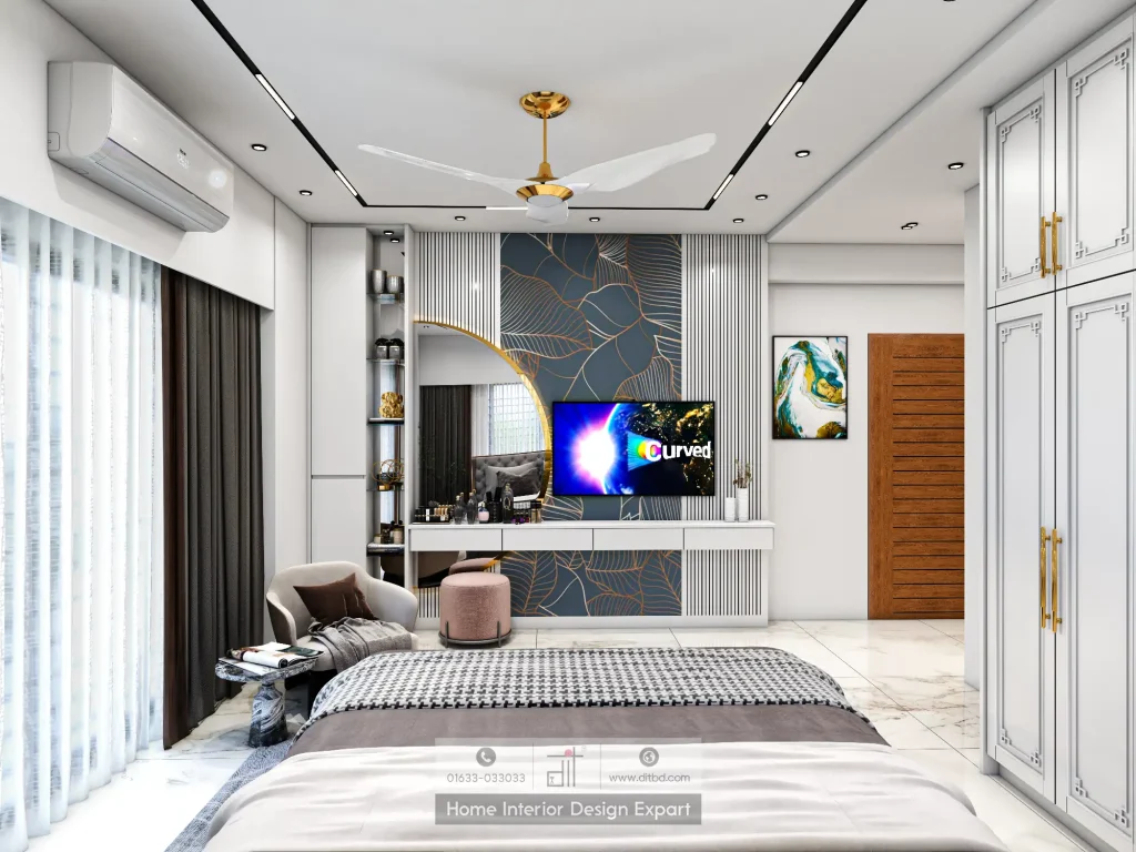 Blue marble TV feature wall with gold accent in Uttara master bedroom by DIT Studio