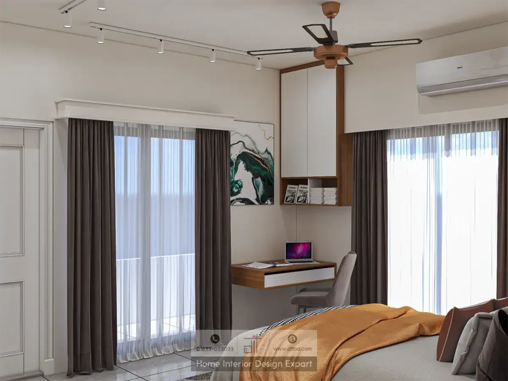 Walnut storage cabinet with gold handles in Mohammadpur master bedroom by DIT Studio