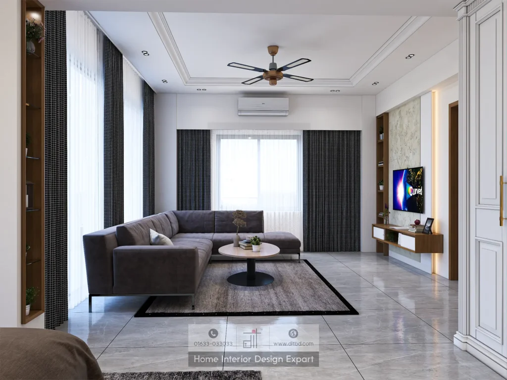 Sofa and TV wall viewed from bed in modern master bedroom in Banshundhara R/A, Dhaka by DIT Studio