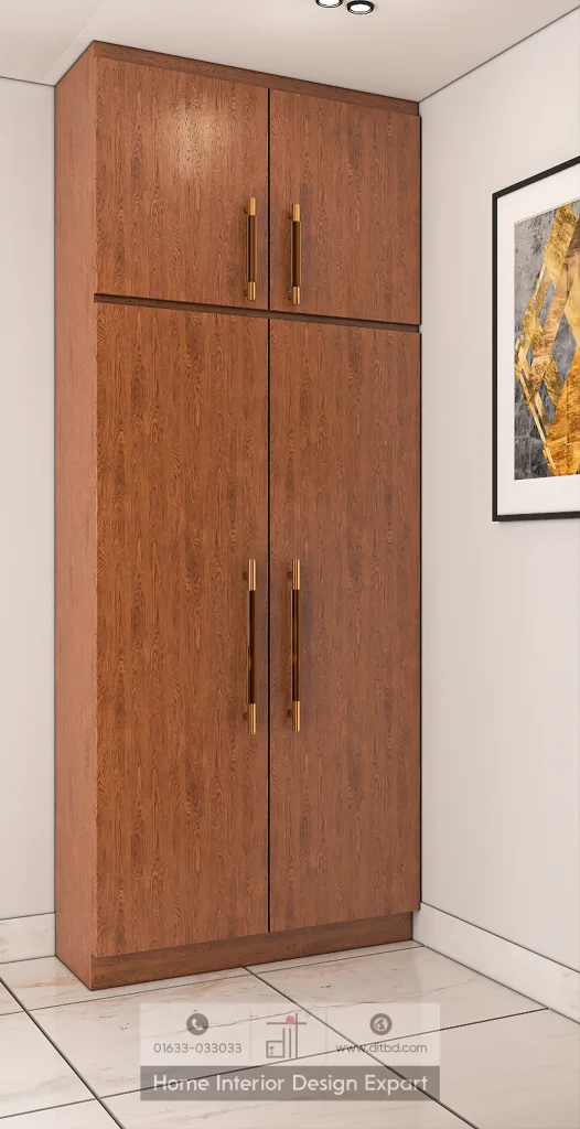 Floor-to-ceiling walnut storage cabinet with gold bar handles and framed gold abstract art in Mohammadpur bedroom