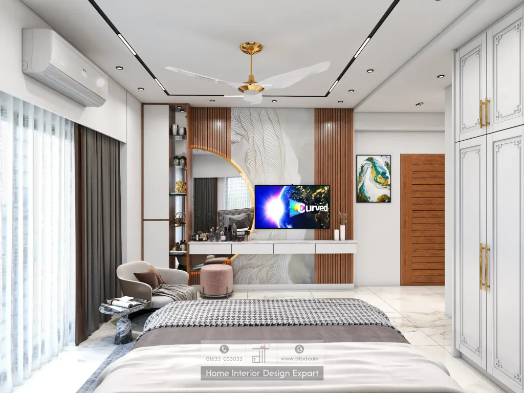 TV wall with marble and wood slat panels in modern master bedroom by DIT Studio Uttara Dhaka