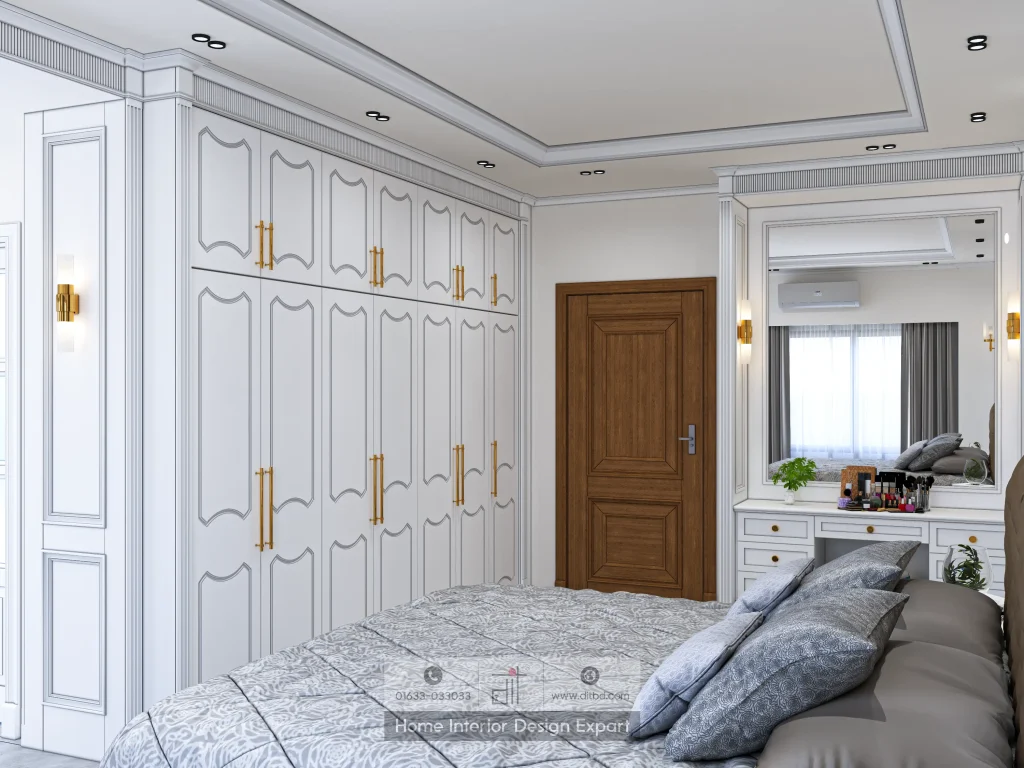 Built-in white wardrobe with gold handles and wooden door in Keraniganj bedroom by DIT Studio