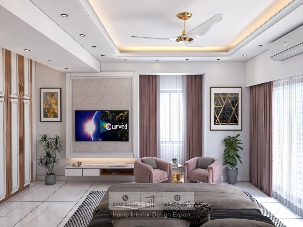 TV wall with textured white panel, dusty pink armchairs, gold side table, and geometric framed art in Mohammadpur master bedroom by DIT Studio