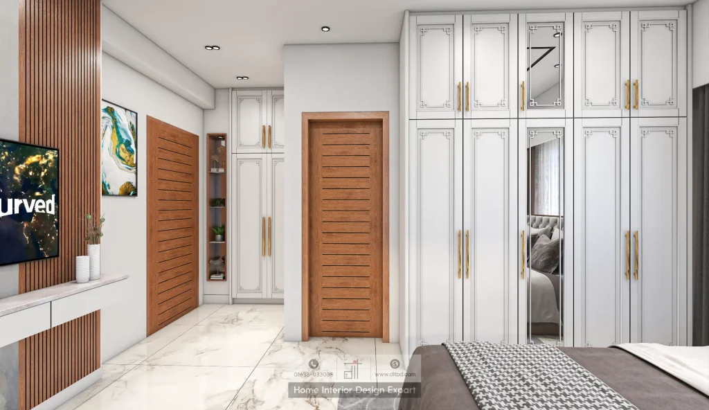 White paneled wardrobe wall with mirrored panels and wooden doors in Uttara master bedroom by DIT Studio