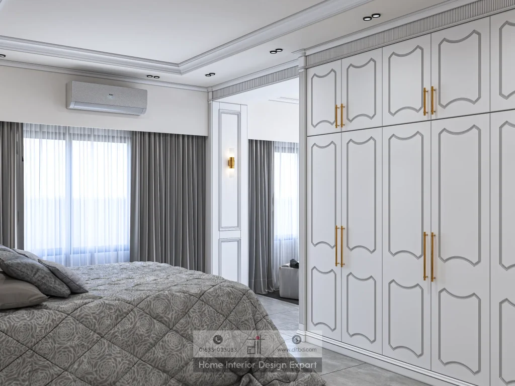 Close-up of ornate white wardrobe with gold hardware in Keraniganj master bedroom by DIT Studio