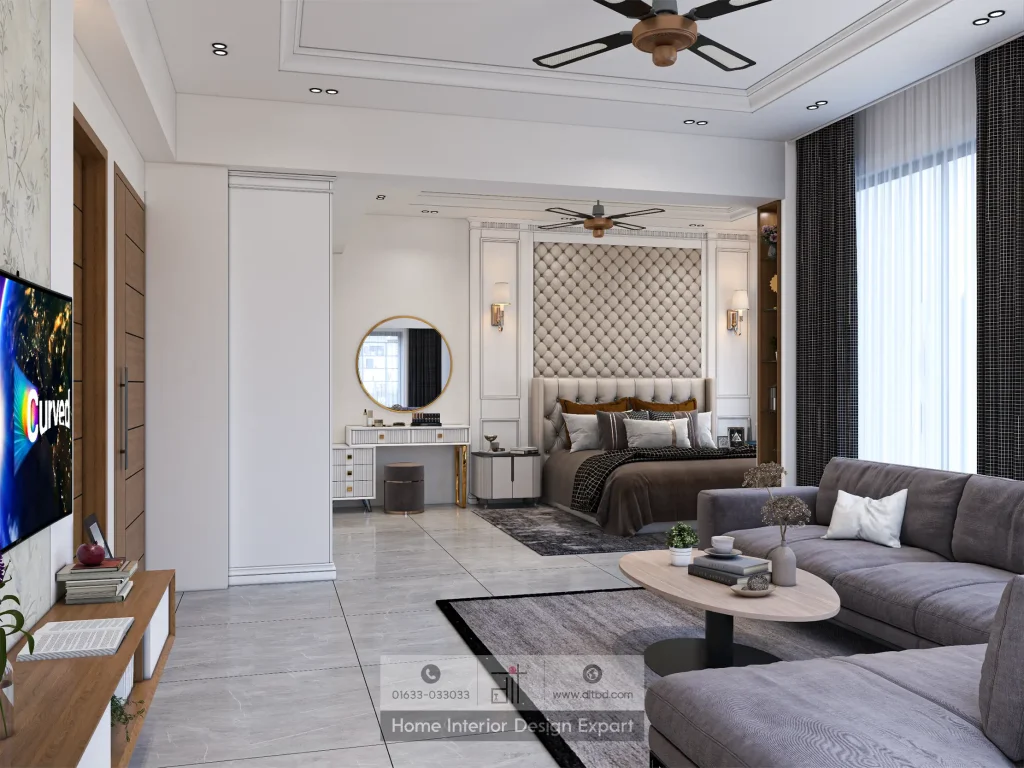 Full master suite panorama with tufted headboard, grey sofa, and vanity in Banshundhara R/A by DIT Studio