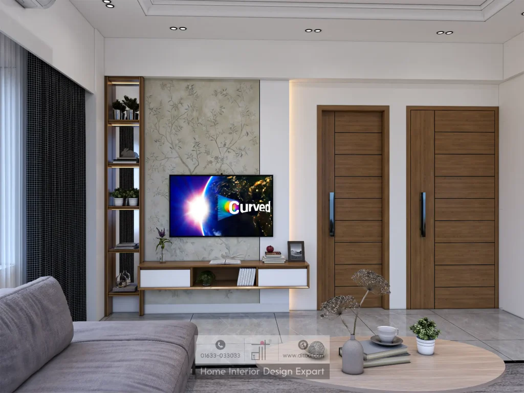 In-bedroom TV zone with floral accent panel and floating console in Banshundhara R/A by DIT Studio