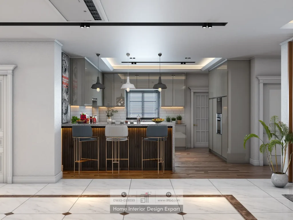 Open kitchen breakfast bar with granite island, bar stools, and pendant lights viewed from living area in DIT Studio Gazipur project