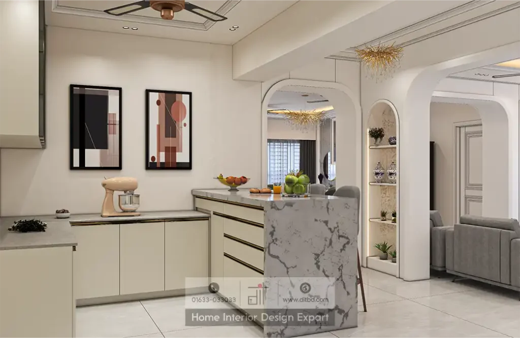 Modern open kitchen with marble island, stand mixer and arched passthrough in Dhanmondi-6A by DIT Studio