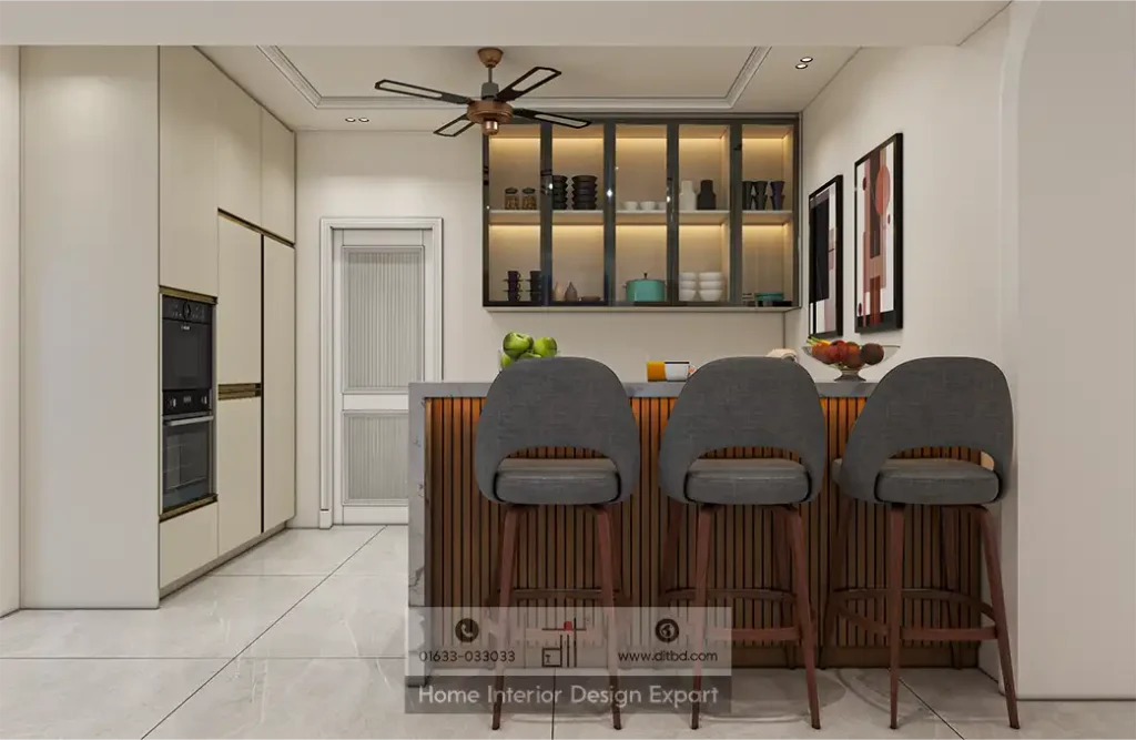 Breakfast bar with wood-slatted panel, grey bar stools and glass display cabinet in Dhanmondi-6A kitchen by DIT Studio