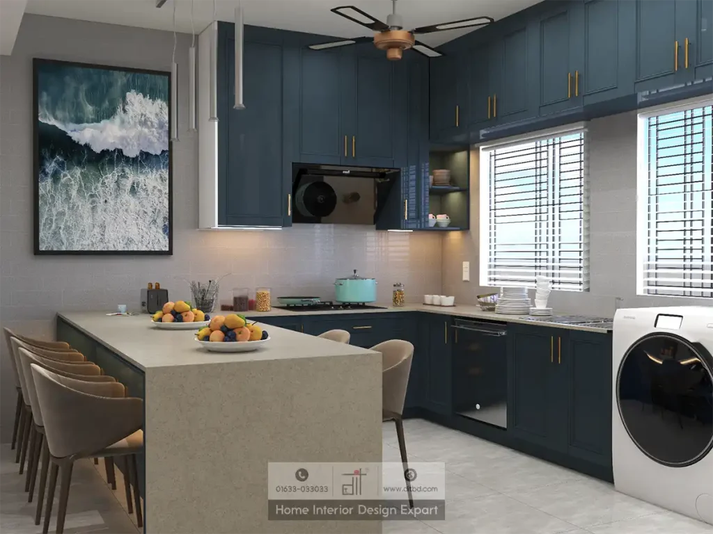 Modern open-plan kitchen-dining layout with handleless cabinets and integrated chimney hood for a Banani flat