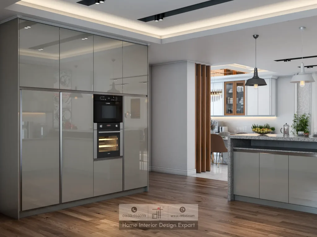 Tall pantry unit with built-in Bosch oven and microwave in modern kitchen at Maona Gazipur designed by DIT Studio