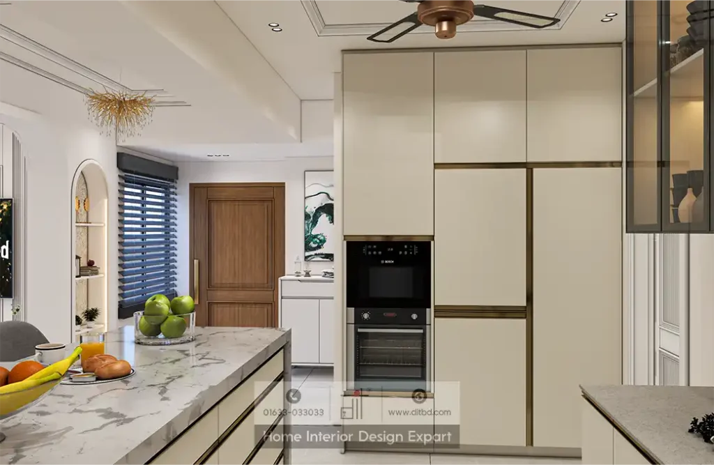 Built-in Bosch oven tower and marble island counter in Dhanmondi-6A open kitchen by DIT Studio