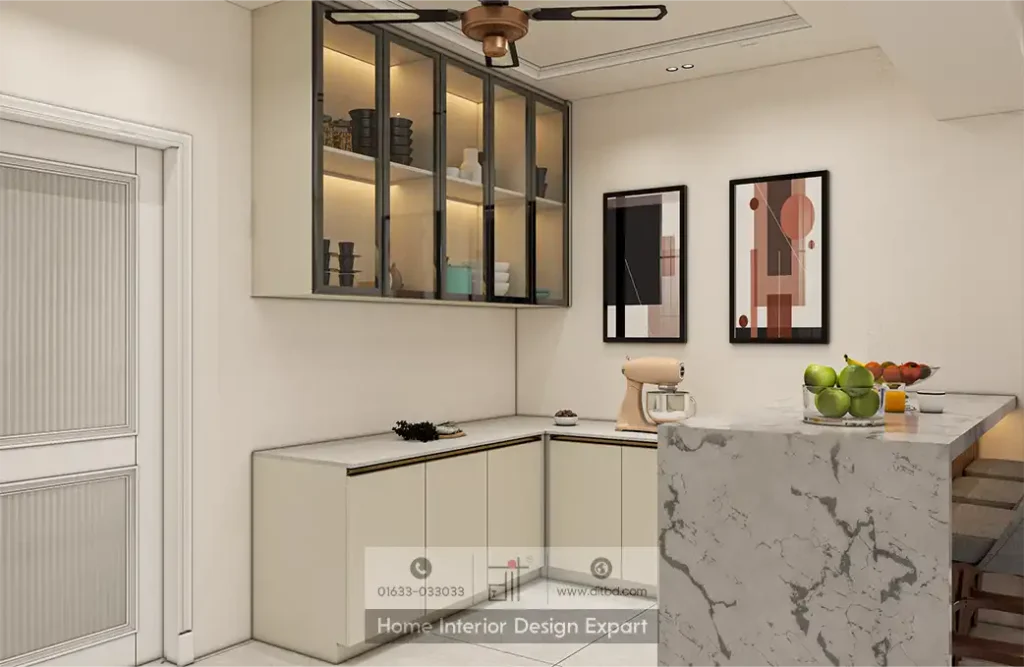 L-shaped cream counter with glass display shelf and frosted-glass utility door in Dhanmondi-6A by DIT Studio