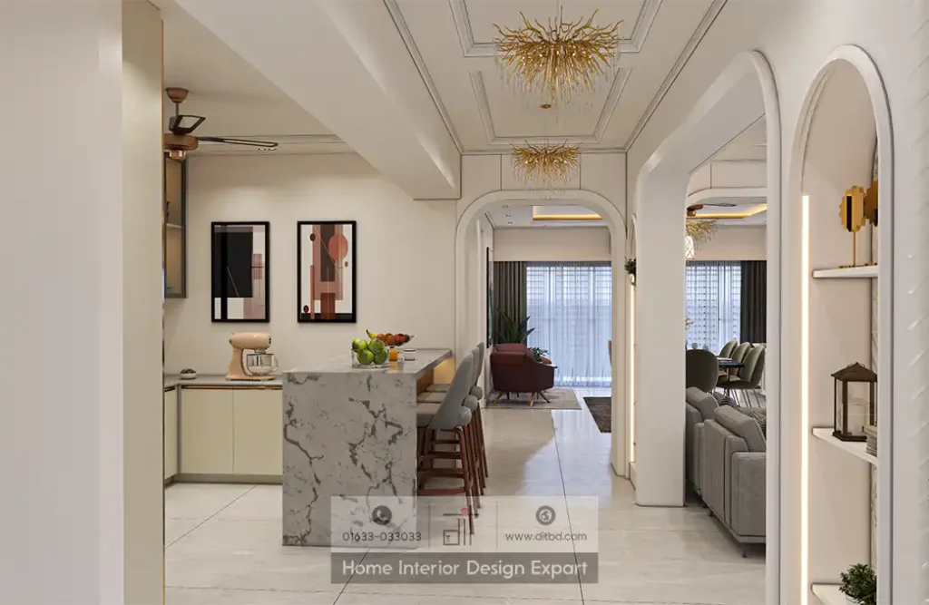 Open-plan kitchen-dining-living panorama with arched openings and gold chandelier in Dhanmondi-6A by DIT Studio