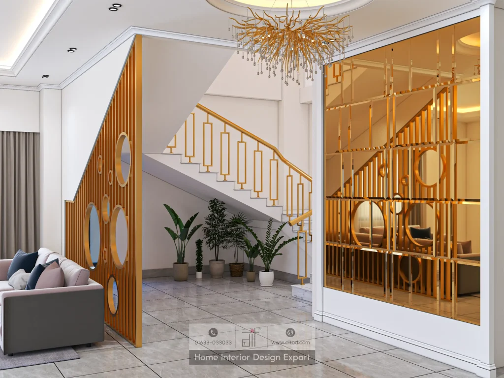Gold geometric partition screen framing modern staircase with marble steps in Keraniganj apartment by DIT Studio