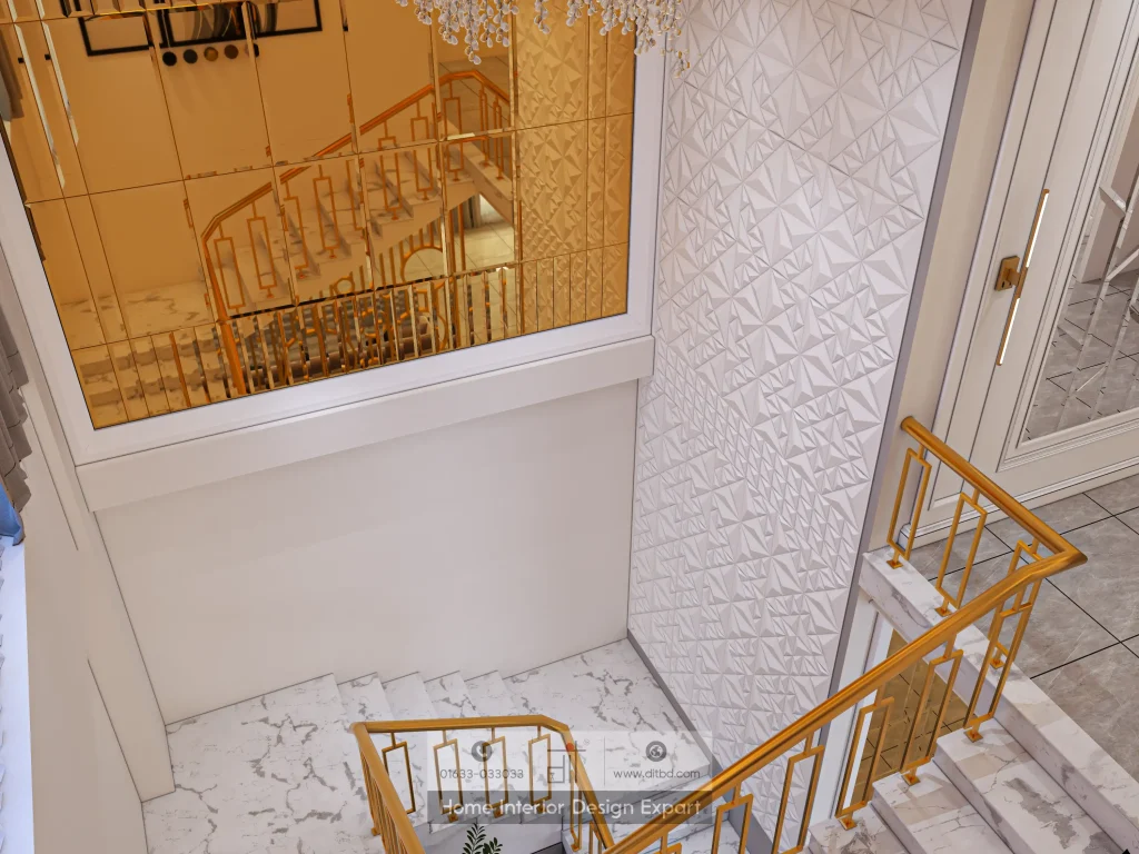 Top-down view of marble staircase with gold railings in Keraniganj designed by DIT Studio