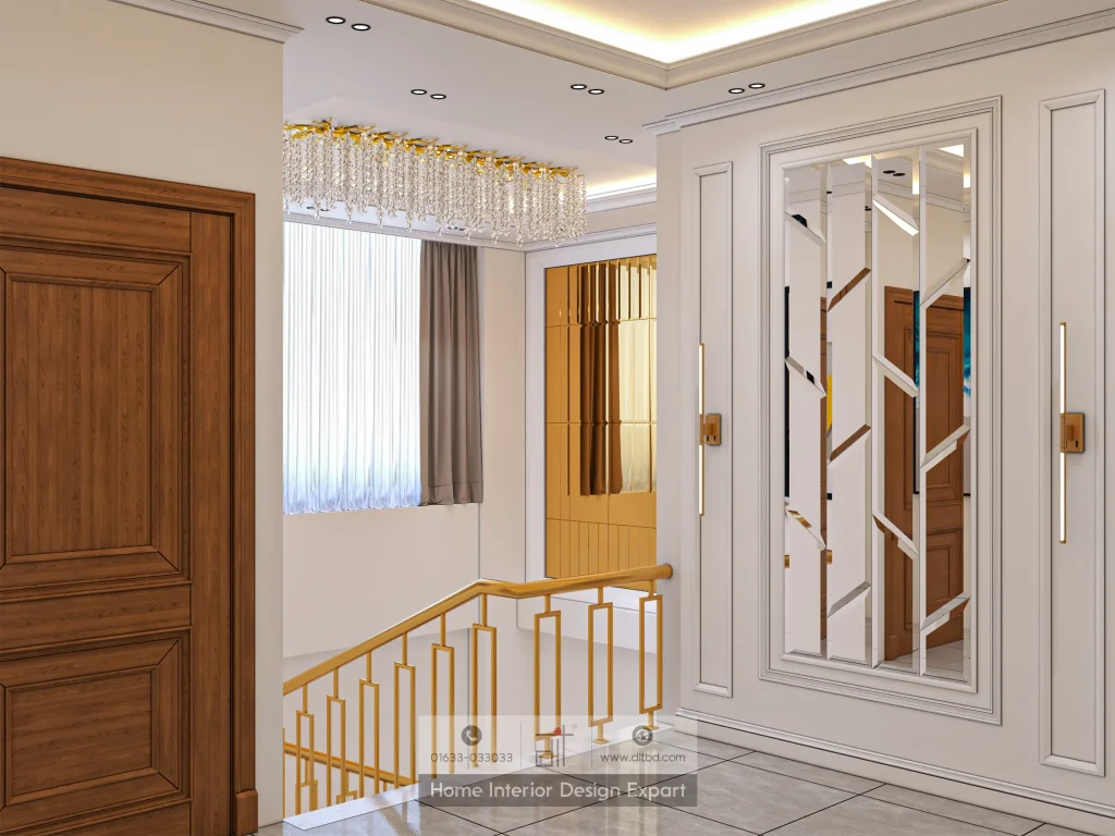 Upper landing with crystal chandelier and decorative mirror near modern staircase in Keraniganj by DIT Studio