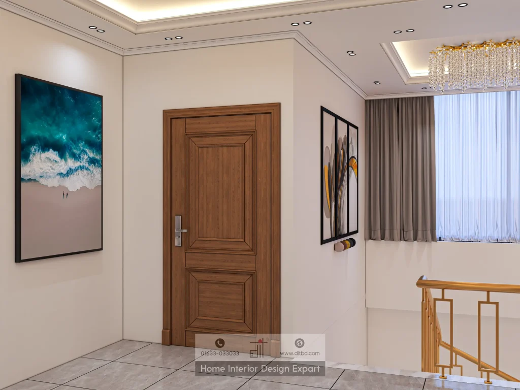Upper hallway with ocean artwork and abstract painting adjacent to staircase in Keraniganj by DIT Studio