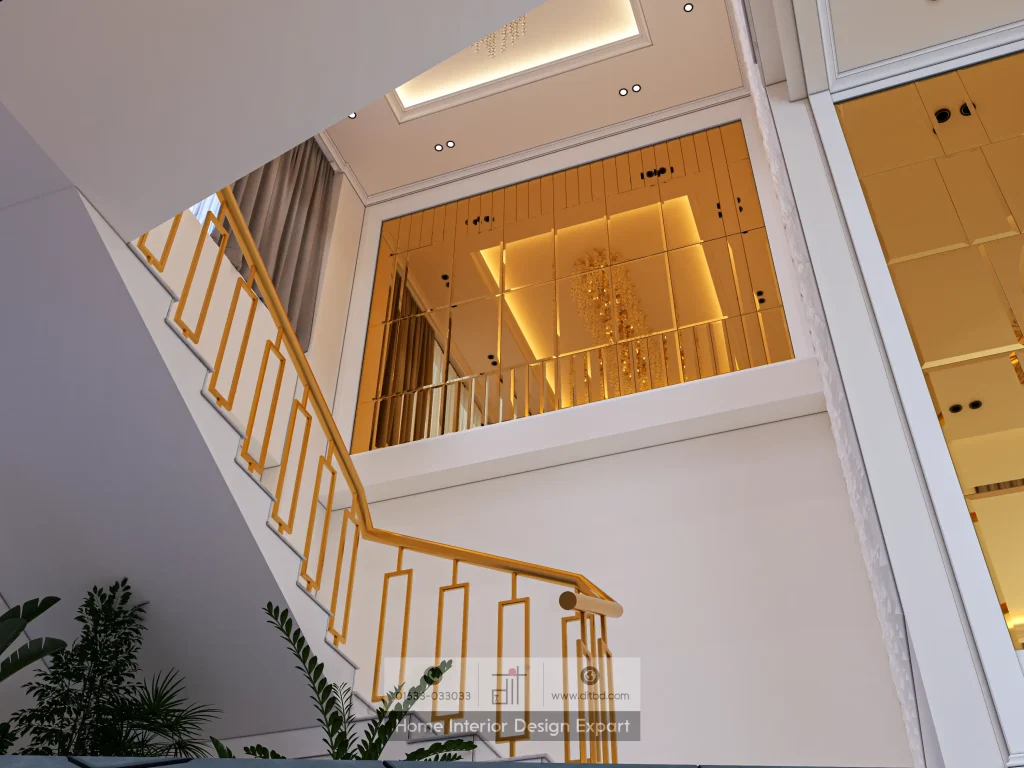 Full stairwell perspective with ascending gold railings and crystal chandelier in Keraniganj by DIT Studio