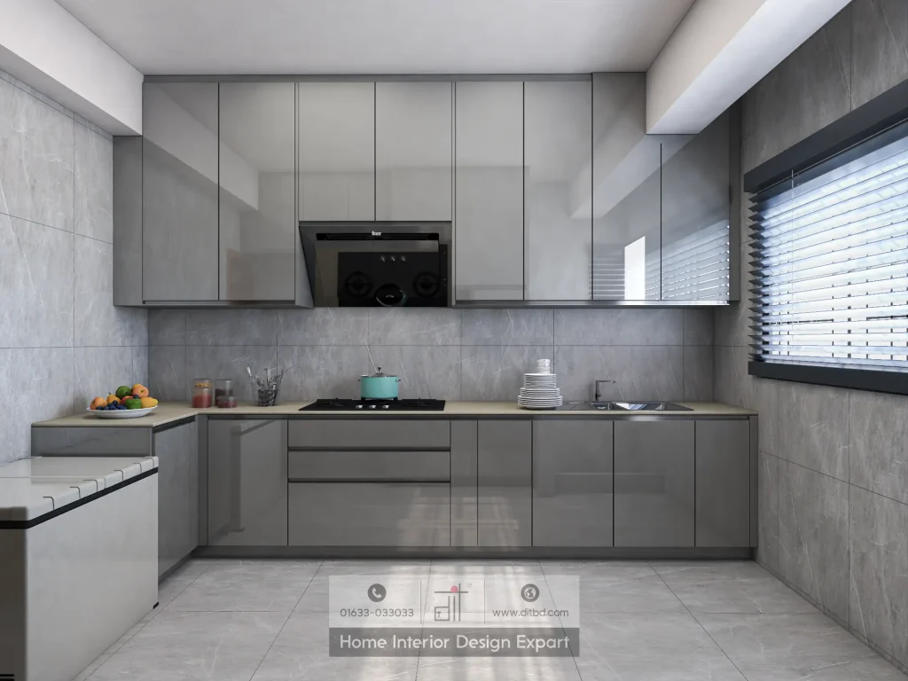 Full U-shaped grey modular kitchen panorama in Mirpur apartment by DIT Studio