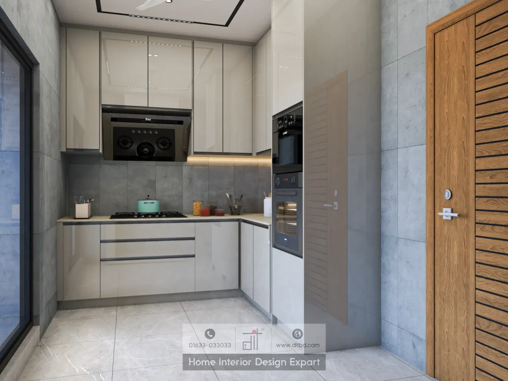 Cooking zone with range hood, gas hob, and high-gloss cream cabinets in Bailyroad kitchen by DIT Studio