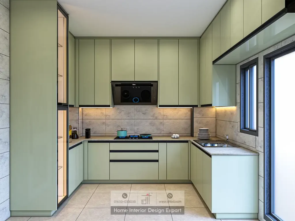 U-shaped sage-green modular kitchen with black range hood and marble backsplash in Aftabnagar by DIT Studio