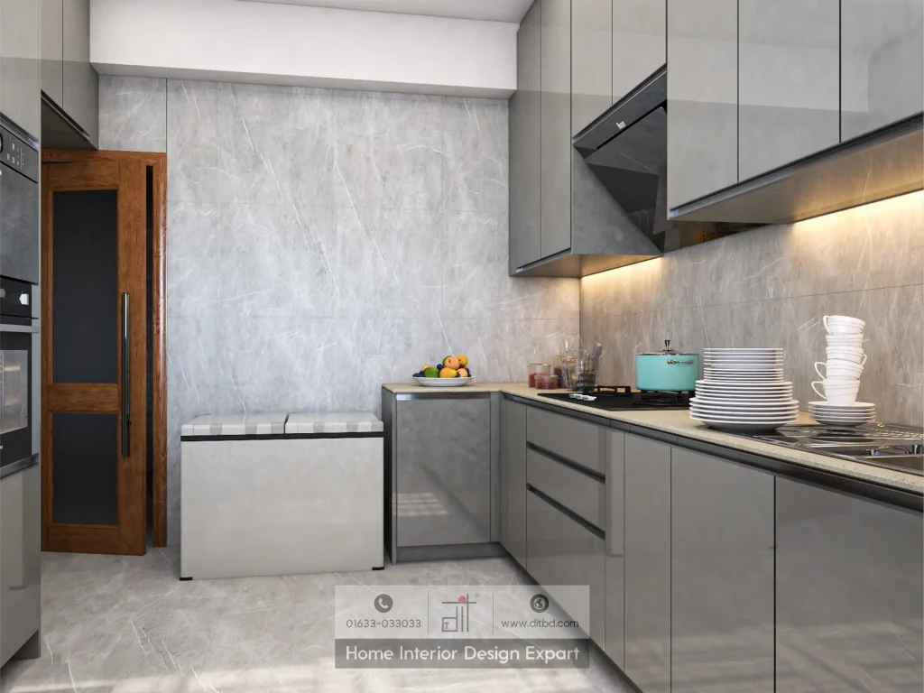 L-shaped cooking counter with range hood and under-cabinet lighting in Mirpur kitchen by DIT Studio