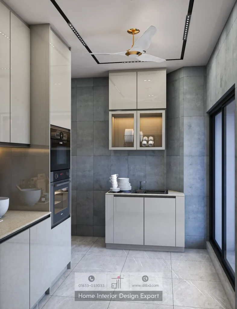 Kitchen crockery station with glass-front display cabinet and grey wall tiles in DIT Studio Bailyroad project