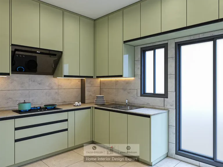 Modular kitchen sink area with natural light and sage-green cabinets in Aftabnagar Dhaka by DIT Studio
