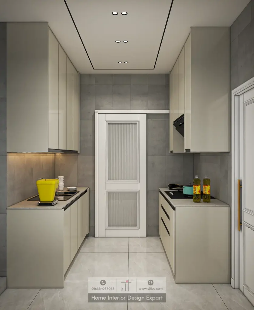 Galley-style modular kitchen with parallel counters and frosted-glass door in Dhanmondi-6A by DIT Studio