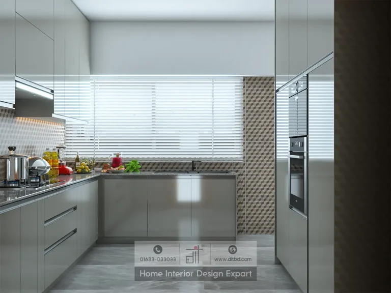 U-shaped kitchen sink wall with venetian blinds and built-in oven in Dhanmondi 10A designed by DIT Studio