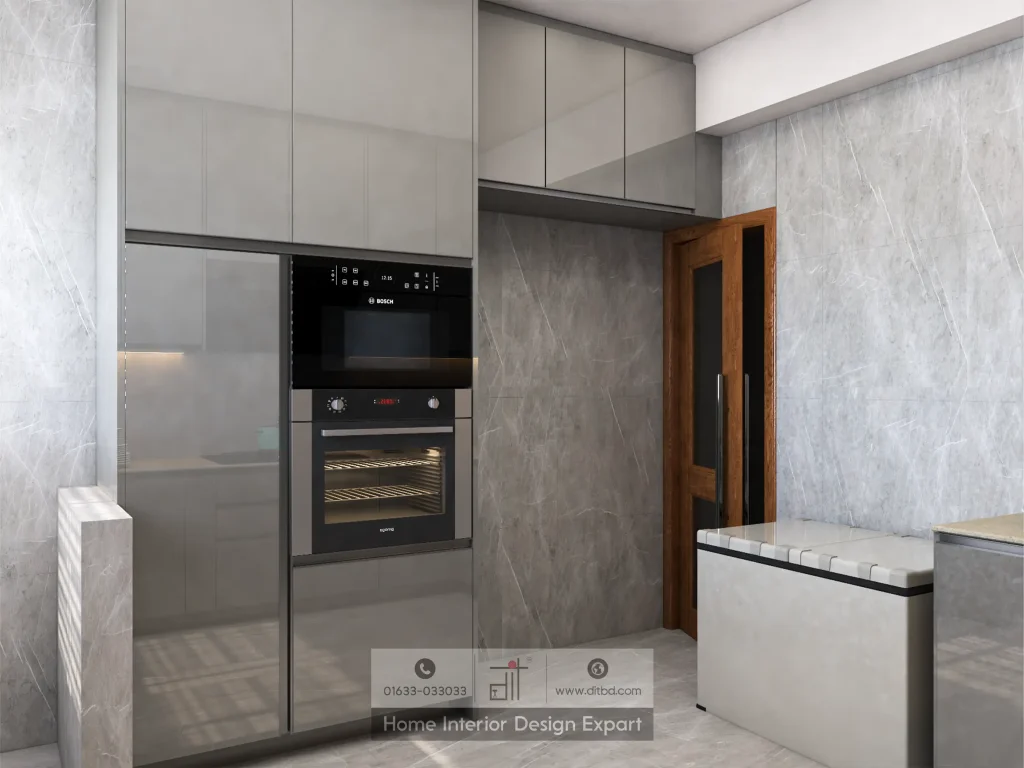 Appliance column with walnut kitchen entry door in Mirpur modular kitchen by DIT Studio