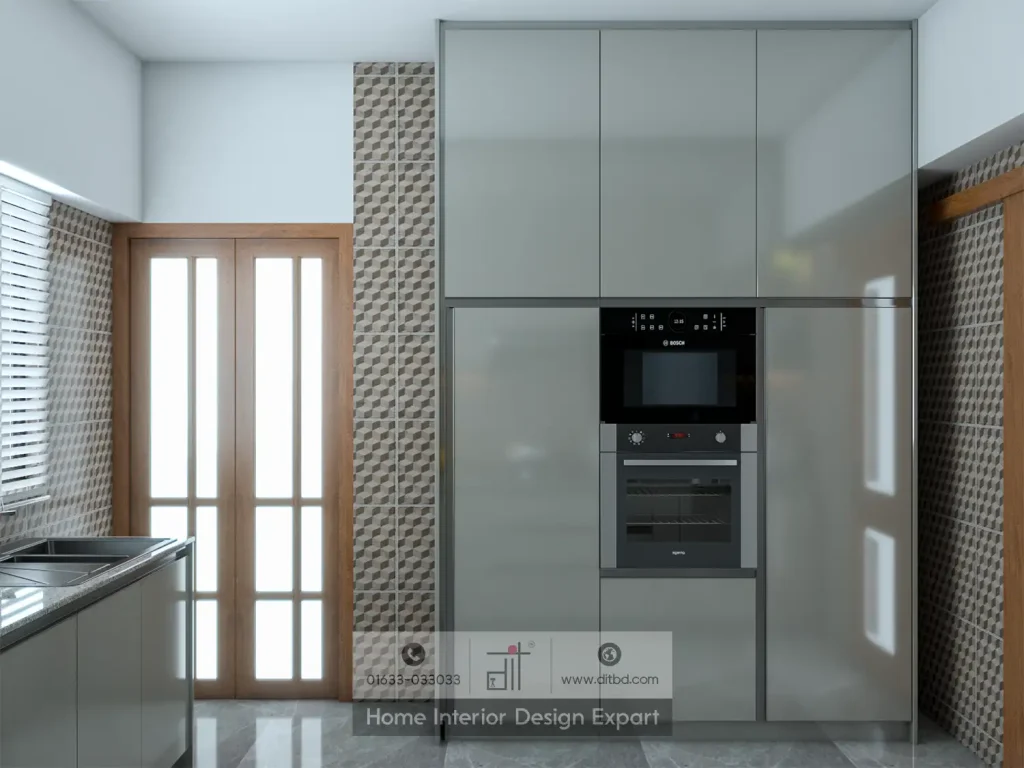 Built-in Bosch oven and microwave in tall appliance tower in Dhanmondi 10A modular kitchen by DIT Studio